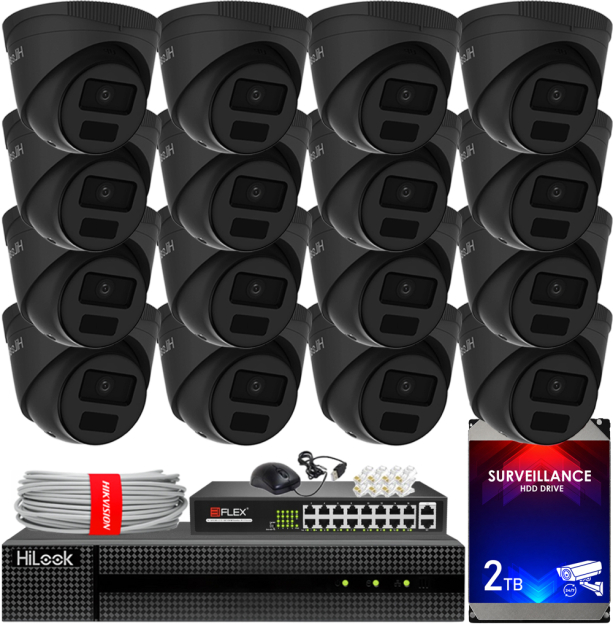 Zestaw do Monitoringu IP 4Mpx, 16 Kamer IPC-T241H-C BLACK, Rejestrator 16ch, 16xPoE - HiLook by Hikvision | IPC-T241H-C BLACK(x16) NXI KIT