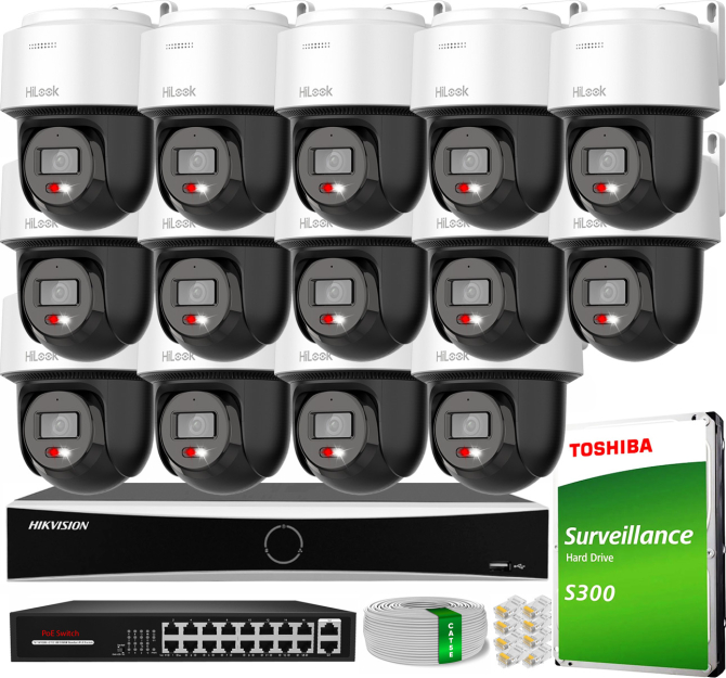 Zestaw do Monitoringu IP 4Mpx, 16 Kamer PTZ-N2C400M-DE Smart Hybrid Light, PoE - HiLook by Hikvision | PTZ-N2C400M-DE(x16) POE KIT