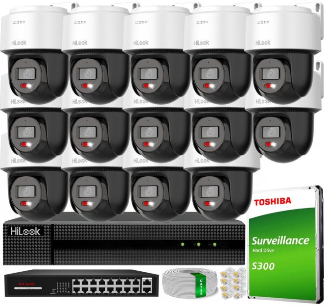 Zestaw do Monitoringu IP 4Mpx, 16 Kamer PTZ-N2C400M-DE Smart Hybrid Light, PoE - HiLook by Hikvision | PTZ-N2C400M-DE(x16) POE KIT