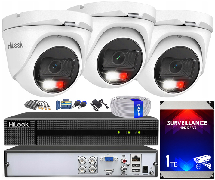 Zestaw do monitoringu TurboHD, 3 kamery zewnętrzne Hybrid Light 2Mpx, Rejestrator 4ch - HiLook by Hikvision | TVICAM-T2M-20DL + DVR-4CH-4MP
