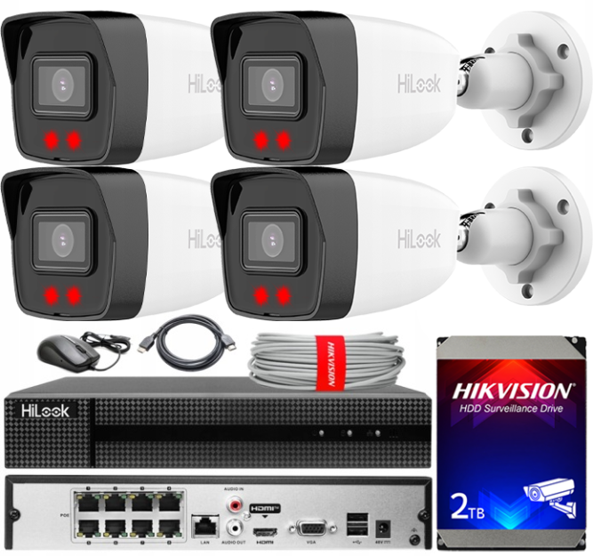 Zestaw do Monitoringu IP 8Mpx, 4 Kamery IPC-B180H, PoE, HDD 2TB - HiLook by Hikvision | IPC-B180H(x4) POE KIT