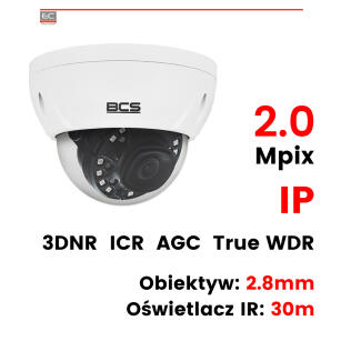 WYCOFANY- BCS-DMIP3201AIR-IV - Kamera kopułkowa 2 Mpx, 2.8mm, 3DNR, True WDR, PoE, IP66, IK10 - BCS LINE