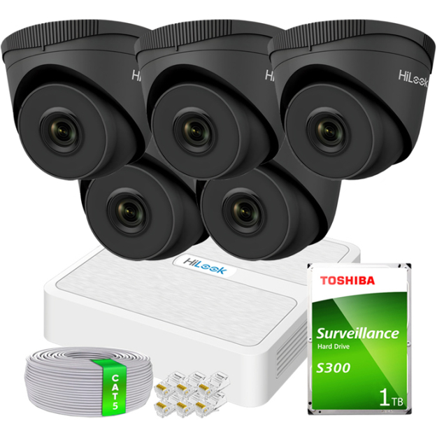 Zestaw do Monitoringu IP 5Mpx ns 5 Kamer IPCAM-T5 BLACK, Rejestrator 8ch 8xPoE - HiLook by Hikvision | 5xIPCAM-T5 BLACK + NVR-8CH-H/8P