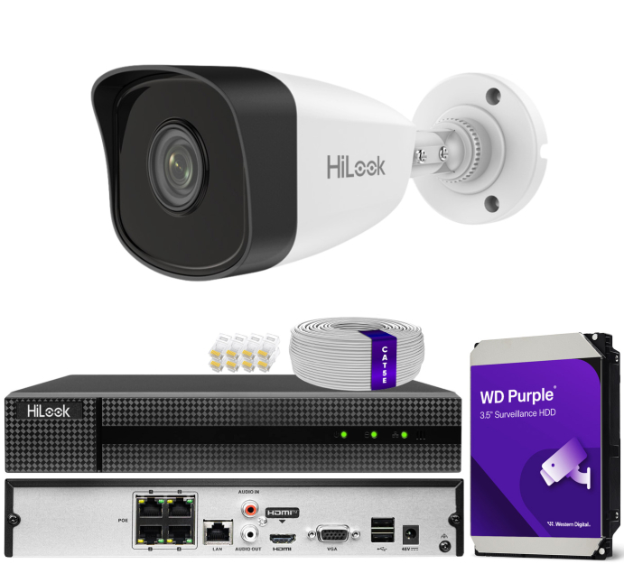 Zestaw do monitoringu IP 5Mpx, 1 Kamera IPC-B150H, PoE, IR30m - HiLook by Hikvision | IPC-B150H (x1) POE KIT
