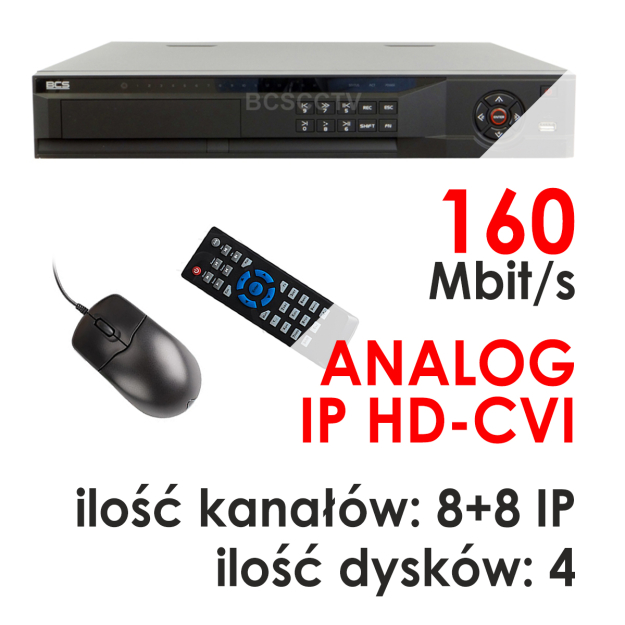 BCS-CVR08042M - Rejestrator trybrydowy 8-kanałowy 1080P HD-CVI / ANALOG / IP + 8 kanałów IP - BCS