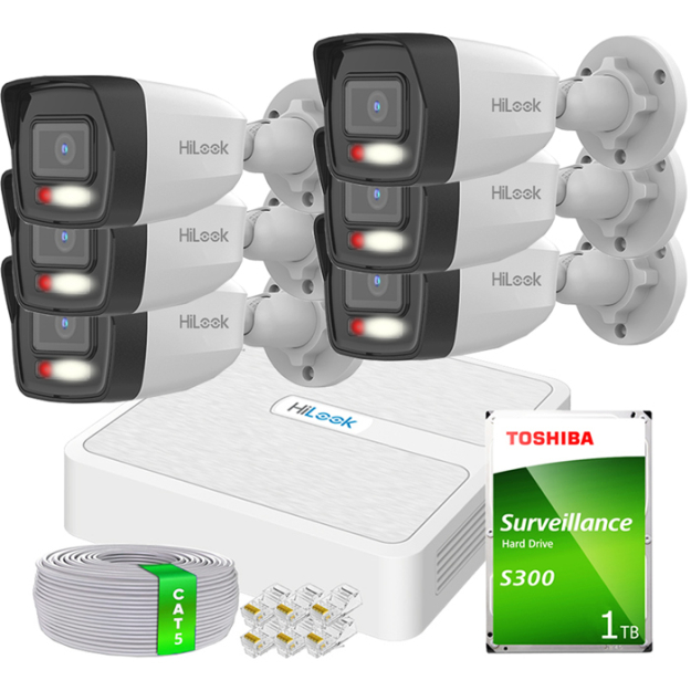 Zestaw do Monitoringu IP Full HD, 6 Kamer IPCAM-B2-30DL, Hybrid Light, Rejestrator 8ch PoE, MD 2.0 - HiLook by Hikvision | 6x IPCAM-B2-30DL- + NVR-8CH-H/8P