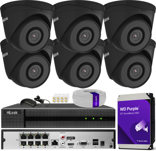 Zestaw do monitoringu IP 5Mpx, 6 Kamer IPC-T250H BLACK, PoE, IR30m - HiLook by Hikvision | IPC-T250H BLACK(x6) POE KIT