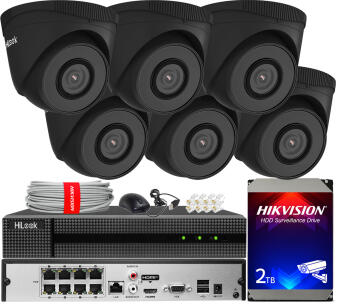 Zestaw do monitoringu IP 5Mpx, 6 Kamer IPC-T250H BLACK, PoE, IR30m - HiLook by Hikvision | IPC-T250H BLACK(x6) POE KIT
