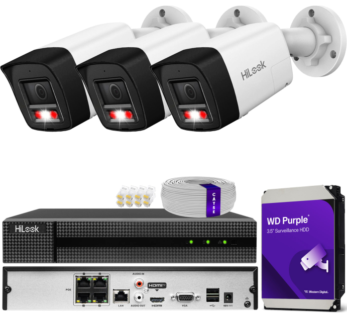 Zestaw do monitoringu IP 8Mpx 4K, 3 Kamery IPC-B180HA-LUF/SL Live Guard, PoE  - HiLook by Hikvision | IPC-B180HA-LUF/SL(x3) POE KIT