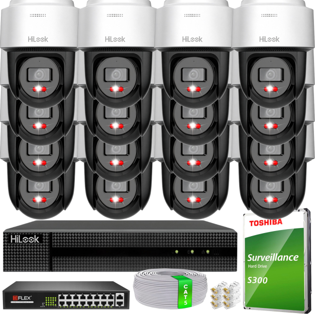 Zestaw do Monitoringu IP 6Mpx, 16 Kamer PTZ-N2C600M-DE Smart Hybrid Light, PoE - HiLook by Hikvision | PTZ-N2C600M-DE(x16) POE KIT