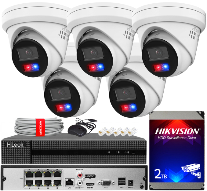 Zestaw do Monitoringu IP 6Mpx, 5 Kamer IPC-T260HAP-LUF/SL Smart Hybrid Light, PoE - HiLook by Hikvision | IPC-T260HAP-LUF/SL(x5) POE KIT