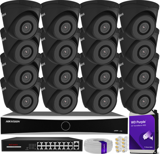 Zestaw do monitoringu IP 5Mpx, 16 Kamer IPC-T250H BLACK, PoE, IR30m - HiLook by Hikvision | IPC-T250H BLACK(x16) POE KIT
