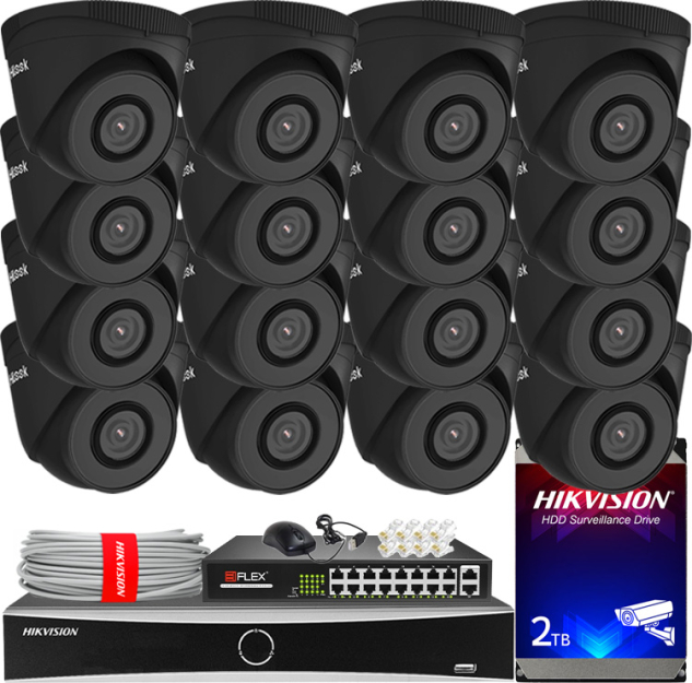 Zestaw do monitoringu IP 5Mpx, 16 Kamer IPC-T250H BLACK, PoE, IR30m - HiLook by Hikvision | IPC-T250H BLACK(x16) POE KIT