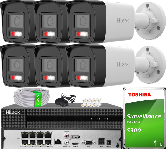 Zestaw do Monitoringu IP 4Mpx, 6 Kamer IPC-B140HA-LUC Smart Hybrid Light, PoE - HiLook by Hikvision | IPC-B140HA-LUC(x6) POE KIT