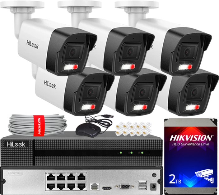 Zestaw do Monitoringu IP 4Mpx, 6 Kamer IPC-B140HA-LUC Smart Hybrid Light, PoE - HiLook by Hikvision | IPC-B140HA-LUC(x6) POE KIT