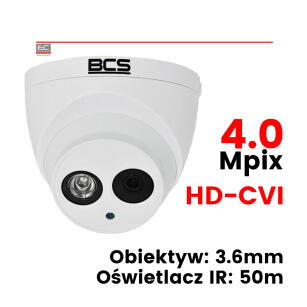 BCS-DMHC2401IR - Kamera kopułkowa, 4 Mpix, HD-CVI, 3.6mm, WDR, IR: 50m, dodatkowe wyjście analogowe CVBS - BCS Line