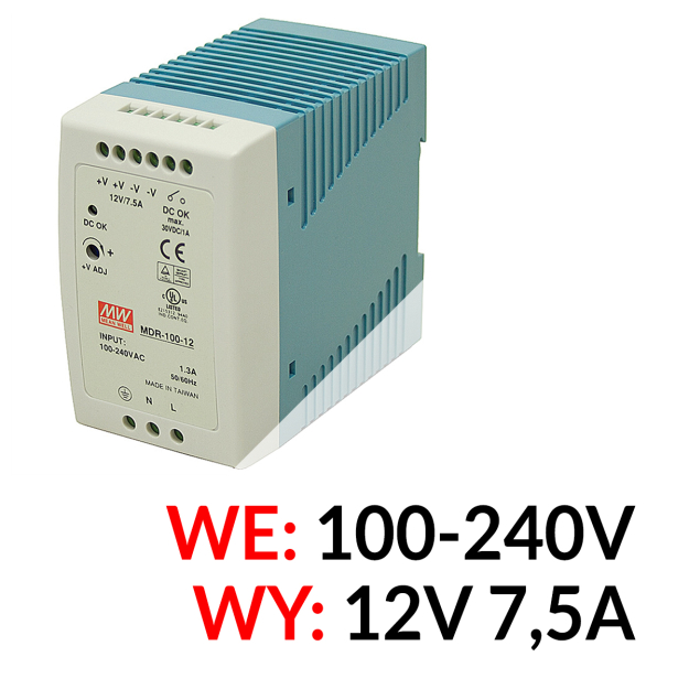 MDR-100-12 - Zasilacz 12V DC / 7,5A na szynę DIN - Mean Well | MDR-100-12