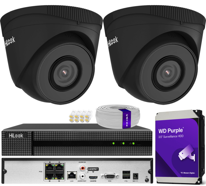 Zestaw do monitoringu IP 5Mpx, 2 Kamery IPC-T250H BLACK, PoE, IR30m - HiLook by Hikvision | IPC-T250H BLACK(x2) POE KIT