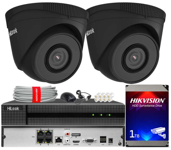 Zestaw do monitoringu IP 5Mpx, 2 Kamery IPC-T250H BLACK, PoE, IR30m - HiLook by Hikvision | IPC-T250H BLACK(x2) POE KIT