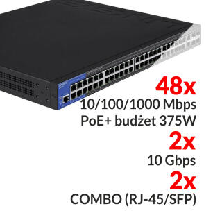 48x 10/100/1000Mbps PoE + 2x COMBO (RJ-45/SFP) + 2x 10Gbps - LGS552P-EU - Switch 52-portowy PoE+ - LINKSYS