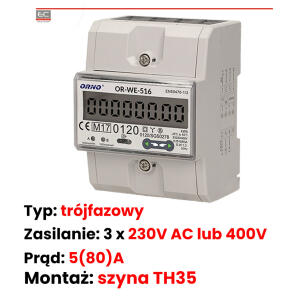 OR-WE-516 - 3-fazowy licznik energii elektrycznej 80A RS485, MID - ORNO | OR-WE-516