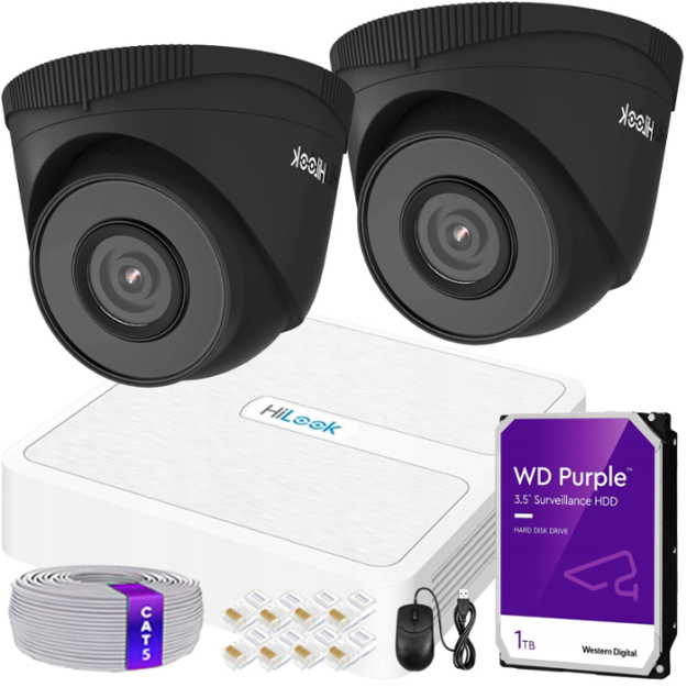 Zestaw do Monitoringu IP 5Mpx 2 Kamery IPCAM-T5 BLACK, Rejestrator 4ch z PoE - HiLook by Hikvision | IPCAM-T5 BLACK + NVR-4CH-H/4P