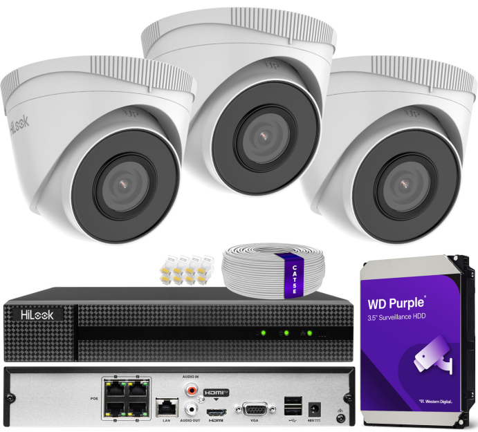 Zestaw do monitoringu IP 5Mpx, 3 Kamery IPC-T250H, PoE, IR30m - HiLook by Hikvision | IPC-T250H(x3) POE KIT