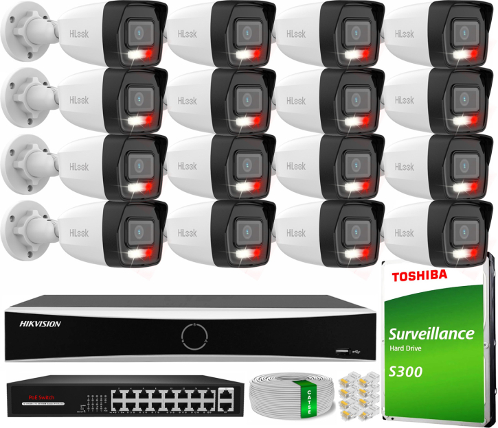 Zestaw do Monitoringu IP 4Mpx, 16 Kamer IPC-B140HA-LU Smart Hybrid Light, Rejestrator DS-7616NXI-K1, 16xPoE - HiLook by Hikvision | IPC-B140HA-LU(x16) POE KIT