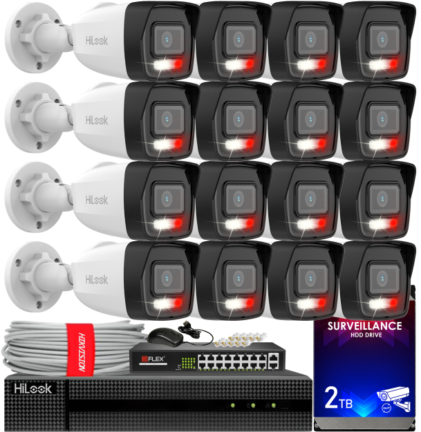 Zestaw do Monitoringu IP 4Mpx, 16 Kamer IPC-B140HA-LU Smart Hybrid Light, Rejestrator DS-7616NXI-K1, 16xPoE - HiLook by Hikvision | IPC-B140HA-LU(x16) POE KIT