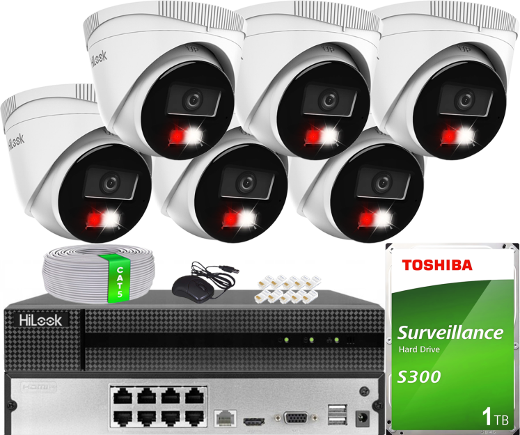 Zestaw do Monitoringu IP 4Mpx, 6 Kamer IPC-T240HA-LUC Smart Hybrid Light, PoE - HiLook by Hikvision | IPC-T240HA-LUC(x6) POE KIT