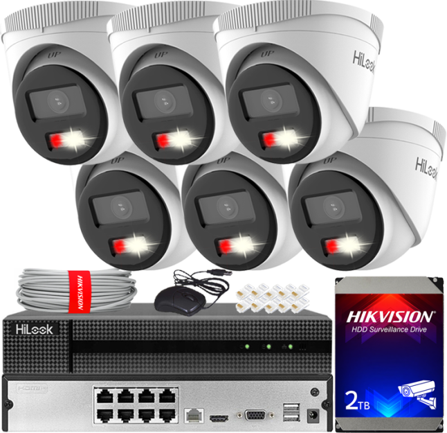 Zestaw do Monitoringu IP 4Mpx, 6 Kamer IPC-T240HA-LUC Smart Hybrid Light, PoE - HiLook by Hikvision | IPC-T240HA-LUC(x6) POE KIT