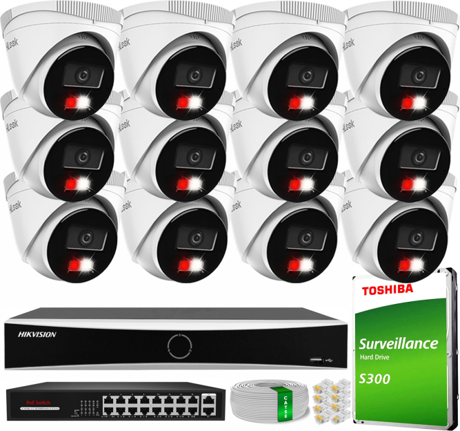 Zestaw do Monitoringu IP 4Mpx, 12 Kamer IPC-T240HA-LU Smart Hybrid Light, PoE - HiLook by Hikvision | IPC-T240HA-LU(x12) POE KIT