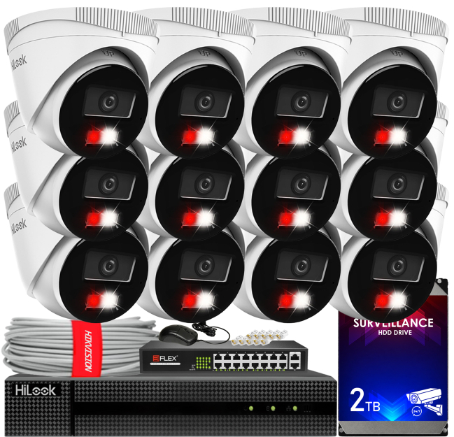 Zestaw do Monitoringu IP 4Mpx, 12 Kamer IPC-T240HA-LU Smart Hybrid Light, PoE - HiLook by Hikvision | IPC-T240HA-LU(x12) POE KIT
