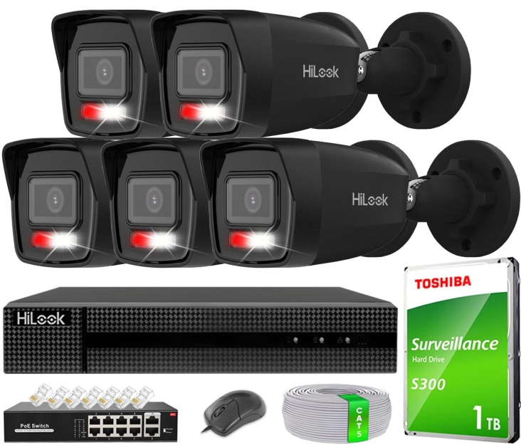 Zestaw do Monitoringu IP 6Mpx, 5 Kamer IPC-B160HA-LU BLACK Smart Hybrid Light, PoE - HiLook by Hikvision | IPC-B160HA-LU(x5)BlACK POE KIT