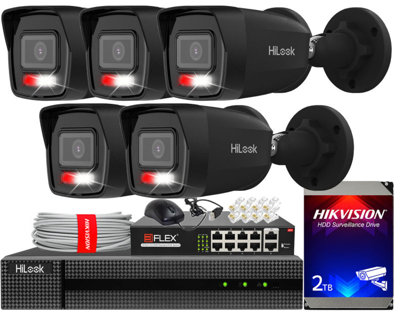 Zestaw do Monitoringu IP 6Mpx, 5 Kamer IPC-B160HA-LU BLACK Smart Hybrid Light, PoE - HiLook by Hikvision | IPC-B160HA-LU(x5)BlACK POE KIT