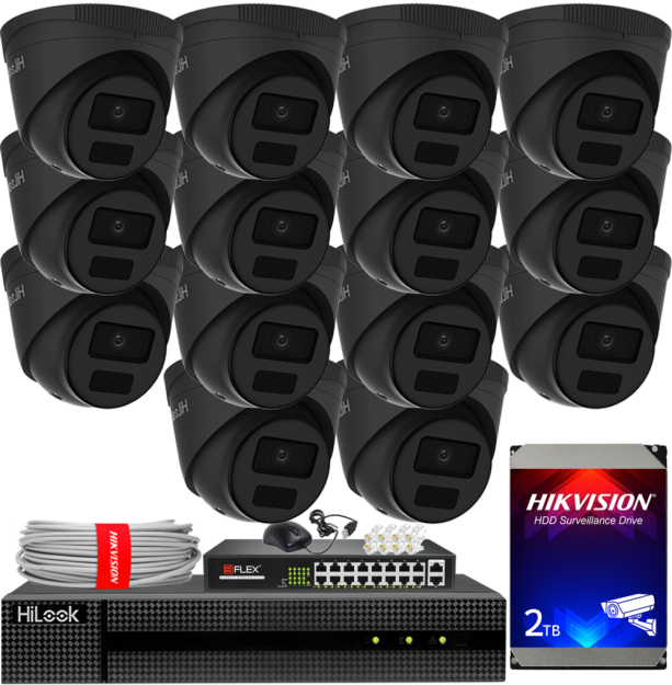 Zestaw do Monitoringu IP 4Mpx, 14 Kamer IPC-T241H-C BLACK, Rejestrator 16ch, 16xPoE - HiLook by Hikvision | IPC-T241H-C BLACK(x14) NXI KIT