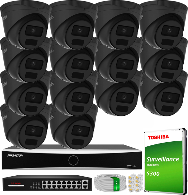Zestaw do Monitoringu IP 4Mpx, 14 Kamer IPC-T241H-C BLACK, Rejestrator DS-7616NXI-K1, 16xPoE - HiLook by Hikvision | IPC-T241H-C BLACK(x14) NXI KIT