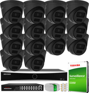 Zestaw do Monitoringu IP 4Mpx, 14 Kamer IPC-T241H-C BLACK, Rejestrator DS-7616NXI-K1, 16xPoE - HiLook by Hikvision | IPC-T241H-C BLACK(x14) NXI KIT