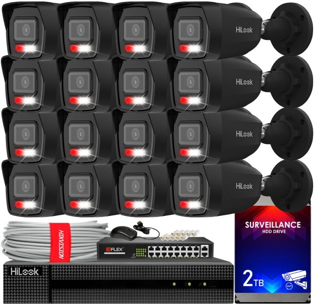 Zestaw do Monitoringu IP 6Mpx, 16 Kamer IPC-B160HA-LU BLACK Smart Hybrid Light, PoE - HiLook by Hikvision | IPC-B160HA-LU(x16)BlACK POE KIT