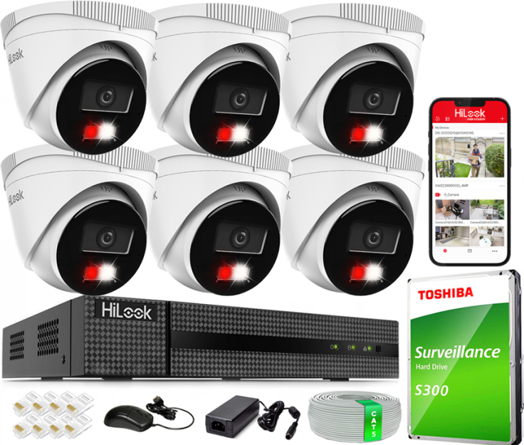 Zestaw do Monitoringu IP 4Mpx, 6 Kamer IPC-T240HA-LU Smart Hybrid Light, PoE - HiLook by Hikvision | IPC-T240HA-LU(x6) POE KIT