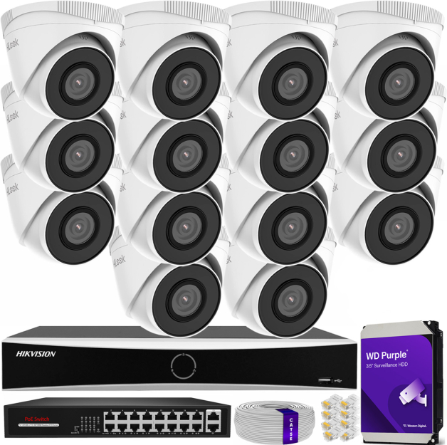 Zestaw do monitoringu IP 5Mpx, 14 Kamer IPC-T250H, PoE, IR30m - HiLook by Hikvision | IPC-T250H(x14) POE KIT
