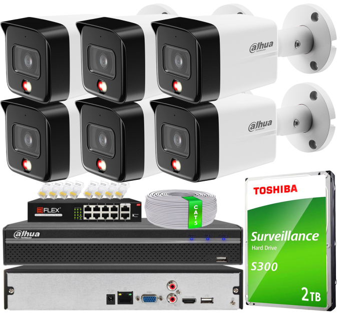 Zestaw do Monitoringu IP 8Mpx, 6 Kamer IPC-HFW1839TC-A-IL, Dual Light, PoE - DAHUA | IPC-HFW1839TC-A-IL(X6) POE KIT