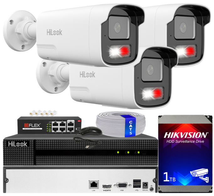 Zestaw do monitoringu IP 8Mpx, 4mm, 3 Kamery IPC-B480HA-LUF/SL Live Guard, PoE  - HiLook by Hikvision | IPC-B480HA-LUF/SL(x3) POE KIT