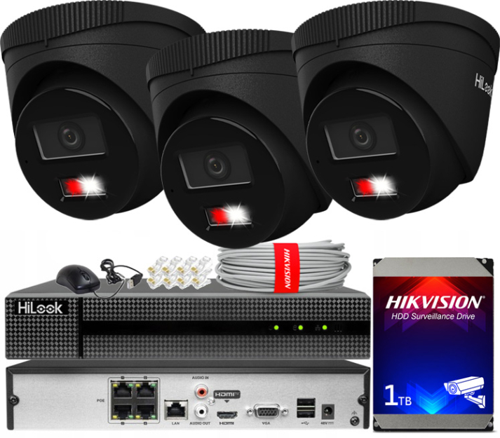 Zestaw do Monitoringu IP 6Mpx, 3 Kamery IPC-T260HA-LU BLACK Smart Hybrid Light, PoE - HiLook by Hikvision | IPC-T260HA-LU(x3)BlACK POE KIT