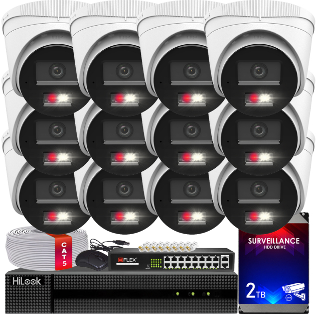 Zestaw do Monitoringu IP 4Mpx, 12 Kamer IPC-T240HA-LUC Smart Hybrid Light, PoE - HiLook by Hikvision | IPC-T240HA-LUC(x12) POE KIT