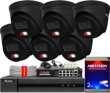 Zestaw do Monitoringu IP 6Mpx, 6 Kamer IPC-T260HA-LU BLACK Smart Hybrid Light, PoE - HiLook by Hikvision | IPC-T260HA-LU(x6)BlACK POE KIT