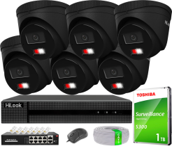 Zestaw do Monitoringu IP 6Mpx, 6 Kamer IPC-T260HA-LU BLACK Smart Hybrid Light, PoE - HiLook by Hikvision | IPC-T260HA-LU(x6)BlACK POE KIT