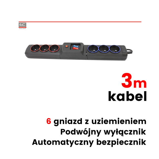 NSP-0889 - Listwa zasilająca 6 gniazd, 2300W, 3m, podwójny wyłącznik, bezpiecznik automatyczny - Natec Extreme Media | NSP-0889