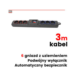 NSP-0889 - Listwa zasilająca 6 gniazd, 2300W, 3m, podwójny wyłącznik, bezpiecznik automatyczny -  Natec Extreme Media | NSP-0889
