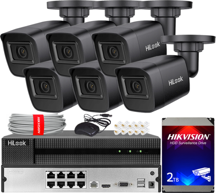 Zestaw do Monitoringu IP 4Mpx, 6 Kamer IPC-B141H-C BLACK, PoE, IR20m, IP67 - HiLook by Hikvision | IPC-B141H-C BLACK(x6) POE KIT